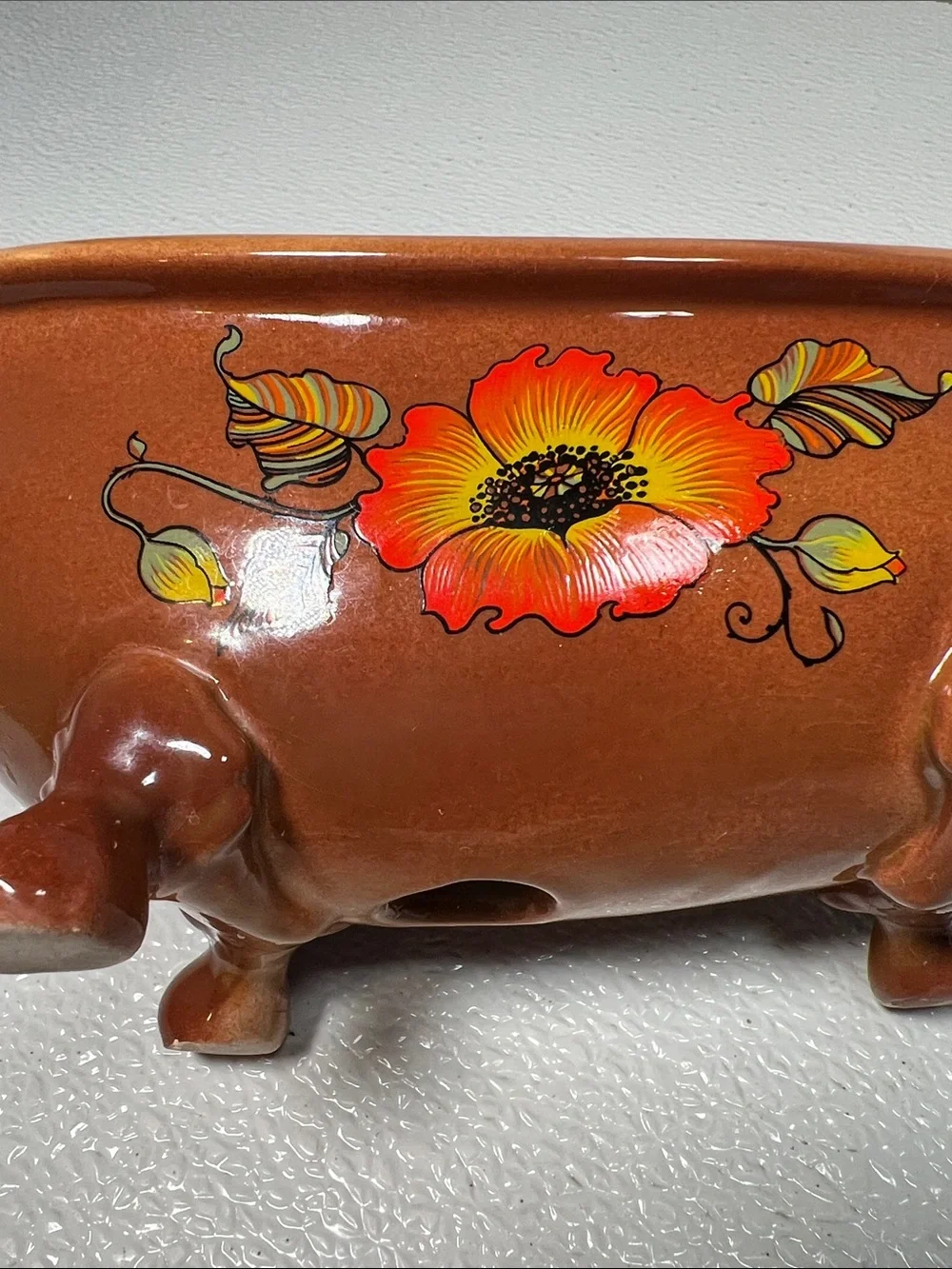 Vintage 70's Brown Glazed Pottery Footed Bathtub Soap Holder Bathroom Decor